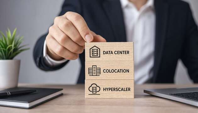 Businessman holding a wooden block with data center colocation and hyperscale infrastructure icons for digital transformation strategy
