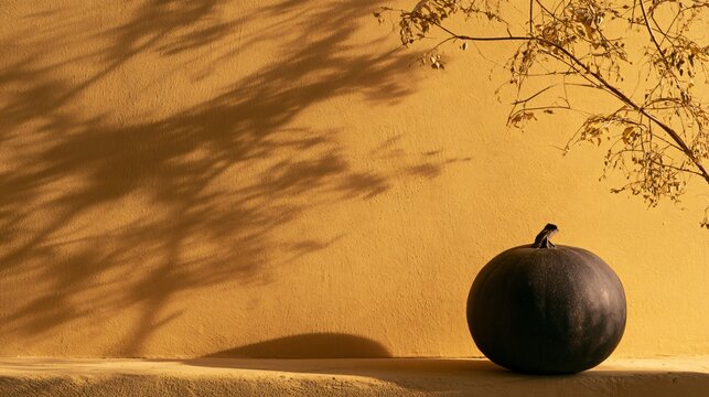 Warm Halloween background with a muted mustard-yellow wall crossed by the soft shadow of dried foliage, one dark pumpkin anchoring the bottom edge, gentle afternoon illumination