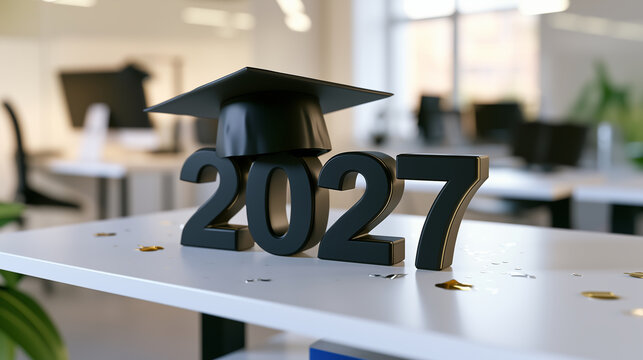 2027 graduation concept with academic cap and confetti on a classroom desk, representing final year, academic achievement and new beginnings. 
