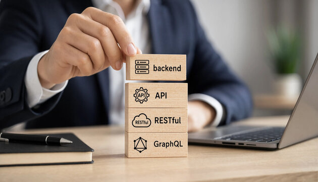 Businessman stacking wooden blocks with software development technology icons representing modern programming and digital infrastructure concepts
