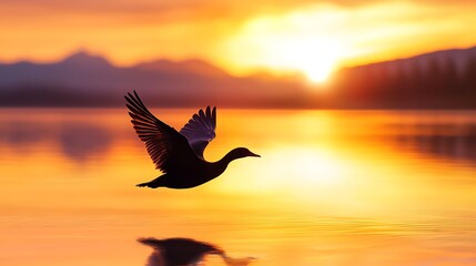 Fototapeta premium Graceful Bird in Flight Against Vibrant Sunset Background Upgrade Movement Evolution