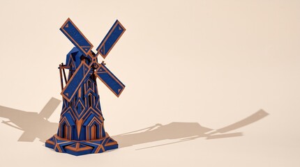 Obraz premium Colorful Wooden Windmill Model on a Plain Background with a Captivating Shadow Effect