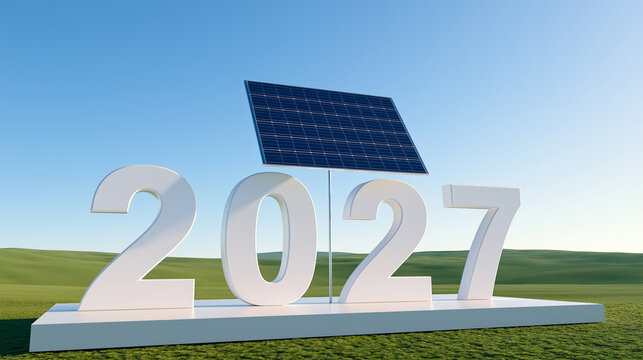 New Year 2027 greeting with solar panel over a green landscape, celebrating clean energy. 
