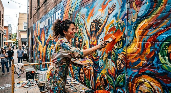 Artist painting vibrant mural on colorful wall
