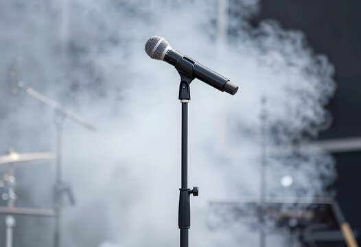 Live music performance and entertainment, microphone on stand with stage smoke and atmospheric lighting for concert event or public speaking announcement