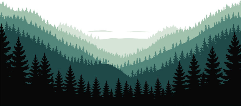 Misty pine forest landscape silhouette illustration with layered green mountains and white background mountain silhouette pine trees nature scenery woods vector evergreen