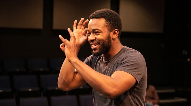 Expressive African American man performing ASL storytelling on theater stage