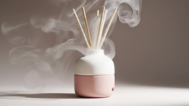 Reed diffuser in modern minimalist style releases vapor for aromatherapy and home fragrance