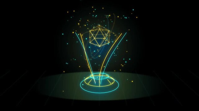 Glowing 3D Geometric Icosahedron Shape Rotating Above A Futuristic Neon Holographic Circular Platfor