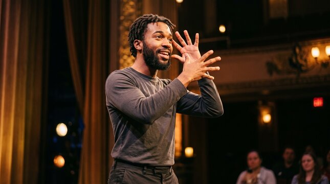 Expressive African American Man Performing Sign Language Storytelling On Stage In Theater