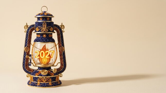 Vintage Decorative Lantern with Illuminated 2027 Symbol on Soft Neutral Background