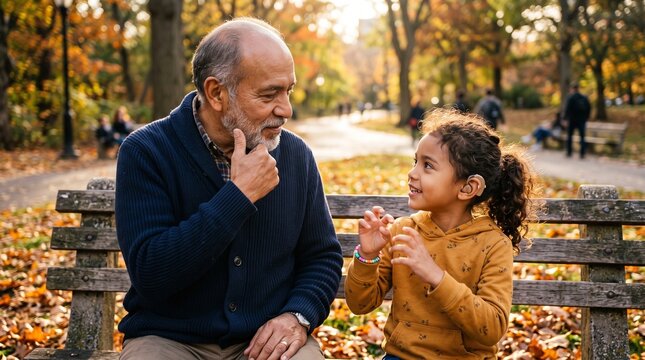 Senior Man and Young Girl Using Sign Language to Communicate While Sitting on a Park Bench During a Beautiful Autumn Day