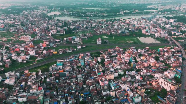 Modern Architecture in India: 4K Aerial View of the Building and City Skyline at Haze. Top down Buildings and Apartment with Multiple Building aerial.	