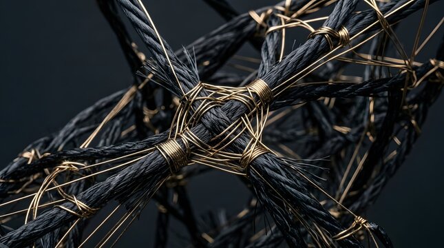 Intricate abstract sculpture featuring intertwined black fibrous ropes securely bound with shimmering metallic golden wire in a geometric artistic design