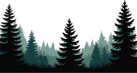 Stylized silhouette of a deep pine forest woodland with silhouette coniferous evergreen woodland landscape background illustration wilderness abstract minimalist © MstAsmaAkter
