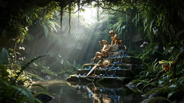Mythical Serpent Statue on Ancient Stone Step in Lush Jungle with Sunlight Rays