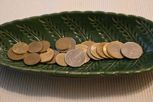 Hungarian forint coins on a leaf-shaped dish