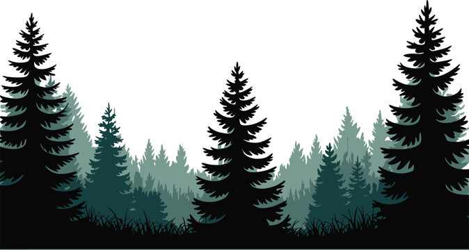 Stylized silhouette of a deep pine forest woodland with silhouette coniferous evergreen woodland landscape background illustration wilderness abstract minimalist