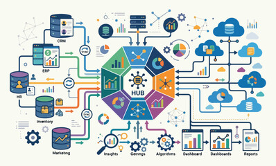 Naklejka premium Central Business Integration Hub Connecting CRM ERP HR Marketing and Analytics
