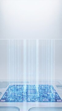 Glowing blue optical processor chip emitting vertical beams of light into transparent chamber for photonic computing and artificial intelligence concepts