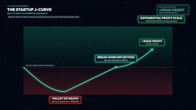Modern Infographic Animation of a Startup J-Curve Showing Cash Flow Dynamics from Valley of Death and Initial Cash Drain to Break-Even Inflection and Exponential Profit Scale for Business Growth