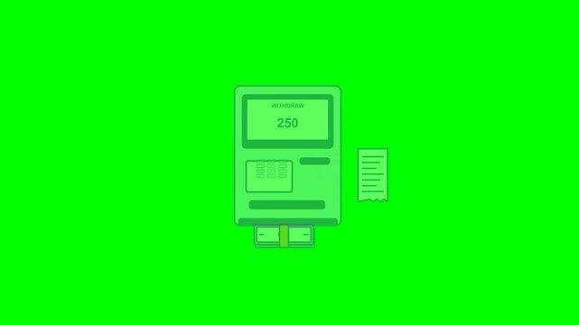 An ATM processes an inserted card, updates its screen, dispenses cash and feeds out a receipt. The composition enters and exits on a pure green chroma key background.