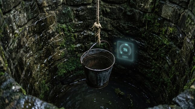an old metal bucket hanging by a rope inside a damp stone water well with a low water purity