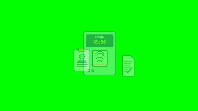 A time clock scans an employee badge, records the check in time and marks the attendance sheet beside it. The composition enters and exits on a pure green chroma key background.
