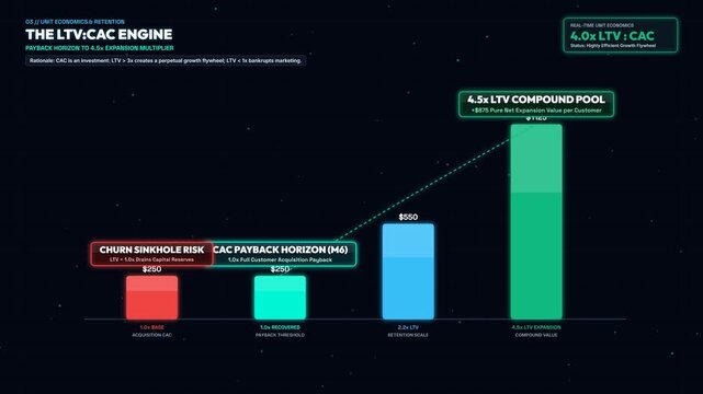 Business Infographic Animation Showing Customer Lifetime Value LTV and Acquisition Cost CAC Ratio Engine with Payback Horizon and Churn Risk Analysis for Unit Economics and Financial Strategy