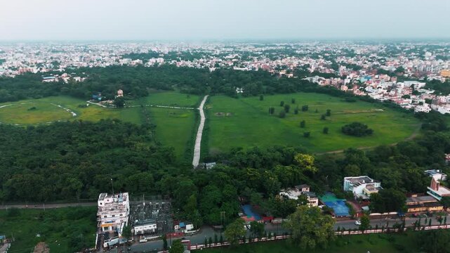 Modern Architecture in India: 4K Aerial View of the Building and City Skyline at Haze. Top down Buildings and Apartment with Multiple Building aerial.	