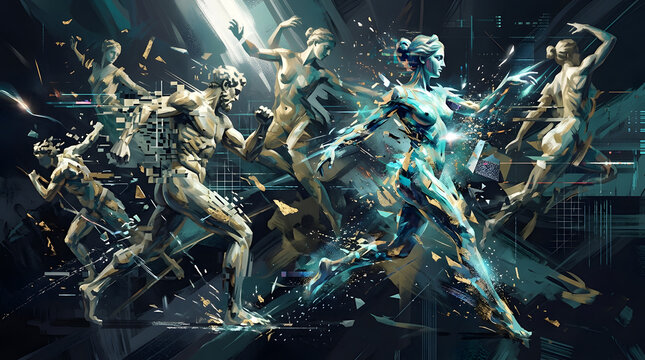 Abstract figures dissolving into digital particles with dynamic lighting and motion