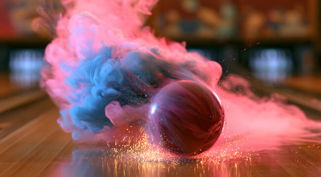A bowling ball in vivid pink and azure goes up in a wooden lane, creating a smoke explosion. Sparks fly as the ball moves swiftly. A dynamic, spirited, thrilling action, sport, game, enjoyment, vigor,
