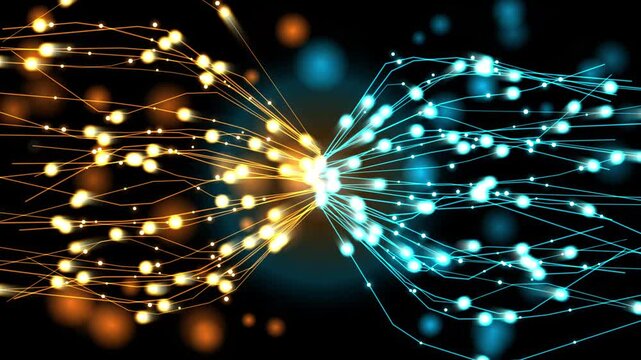 Glowing neural network with orange and blue fiber optic cables transferring digital data stream