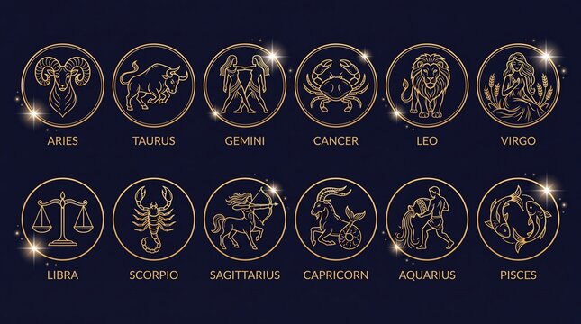 Twelve zodiac signs vector illustration in gold line art circles with constellation symbols on a dark navy background
