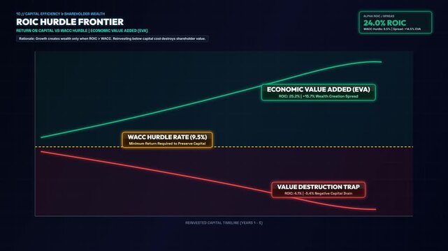 Professional Financial Data Visualization Displaying ROIC Return on Invested Capital and Hurdle Rate Concepts with Efficient Frontier Analysis for Corporate Investment and Strategic Growth Planning