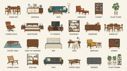 Illustrated vintage style modern furniture collection in neutral tones © usman
