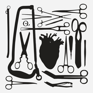 Vintage Surgical Instrument Set with Anatomical Heart Silhouette for Medical Posters, Education, T-Shirts and Healthcare Design