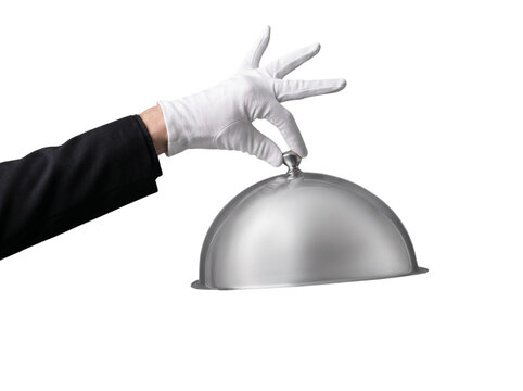 Server's hand in uniform stylishly lifting a shiny lid