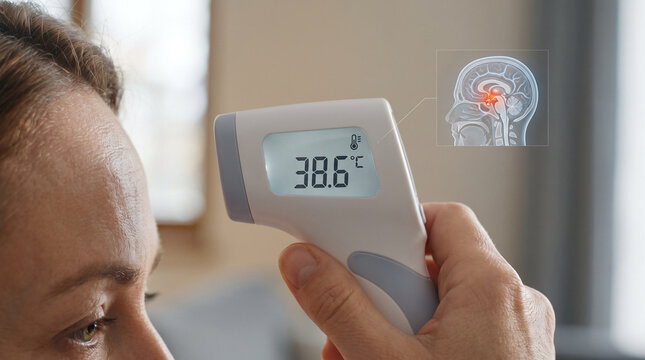 Body Temperature Measurement With Digital Thermometer and Brain Thermoregulation Anatomy