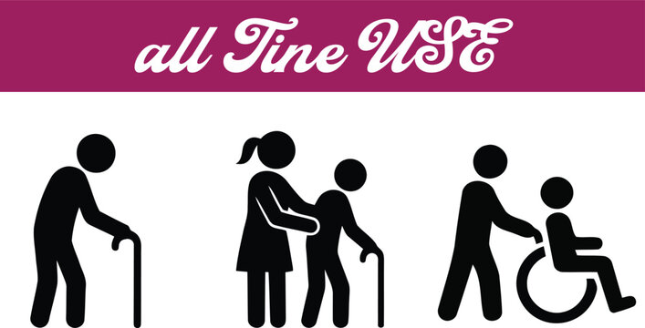 Set of black silhouette icons representing mobility aid and public speaking