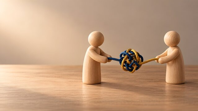Conflict Resolution And Teamwork Concept Featuring Wooden Figures Untangling Complex Knotted Rope