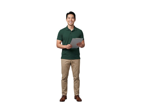 Full body portrait of a smiling Asian man holding clipboard