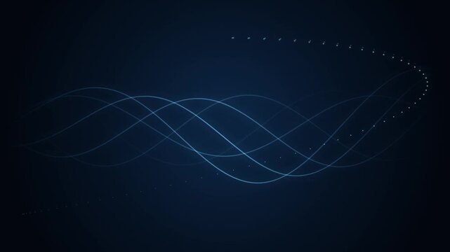 Glowing Blue Sinusoidal Waveform Animation with Pulsing Light Particles on a Dark Navy Background