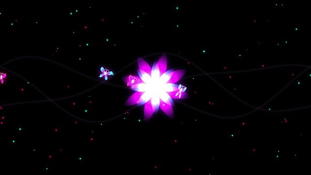 Neon glowing flower animation with flying butterflies and magical particles on black background