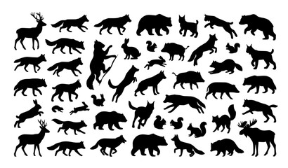 Obraz premium Dynamic Woodland Wildlife Forest Animal Silhouette Black Vector Set