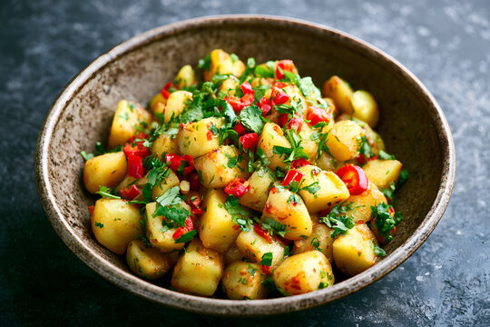 In a rustic bowl, a spicy Indian potato achar salad is served. The dish comprises diced potatoes intertwined with chili peppers and fresh coriander. It makes an excellent accompaniment for a spicy mea