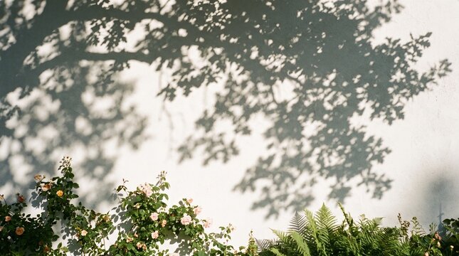 Sunlight shadow of tree leaves on white wall with green garden plants and blooming flowers at the bottom