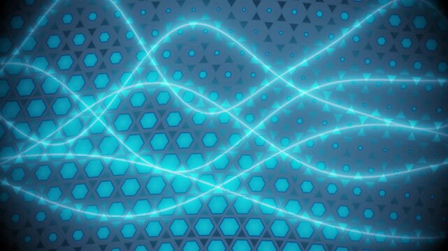 Glowing blue light waves flowing over abstract geometric hexagon pattern loop