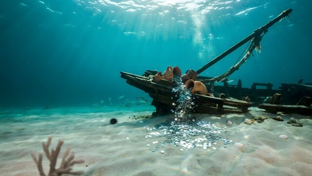 Sunlit underwater scene showing sunken wooden boat with marine life and coral reef
