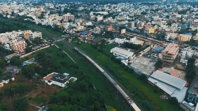 Top down view of Rajdhani Train running on the tracks towards the Delhi Junction. Delhi train. 